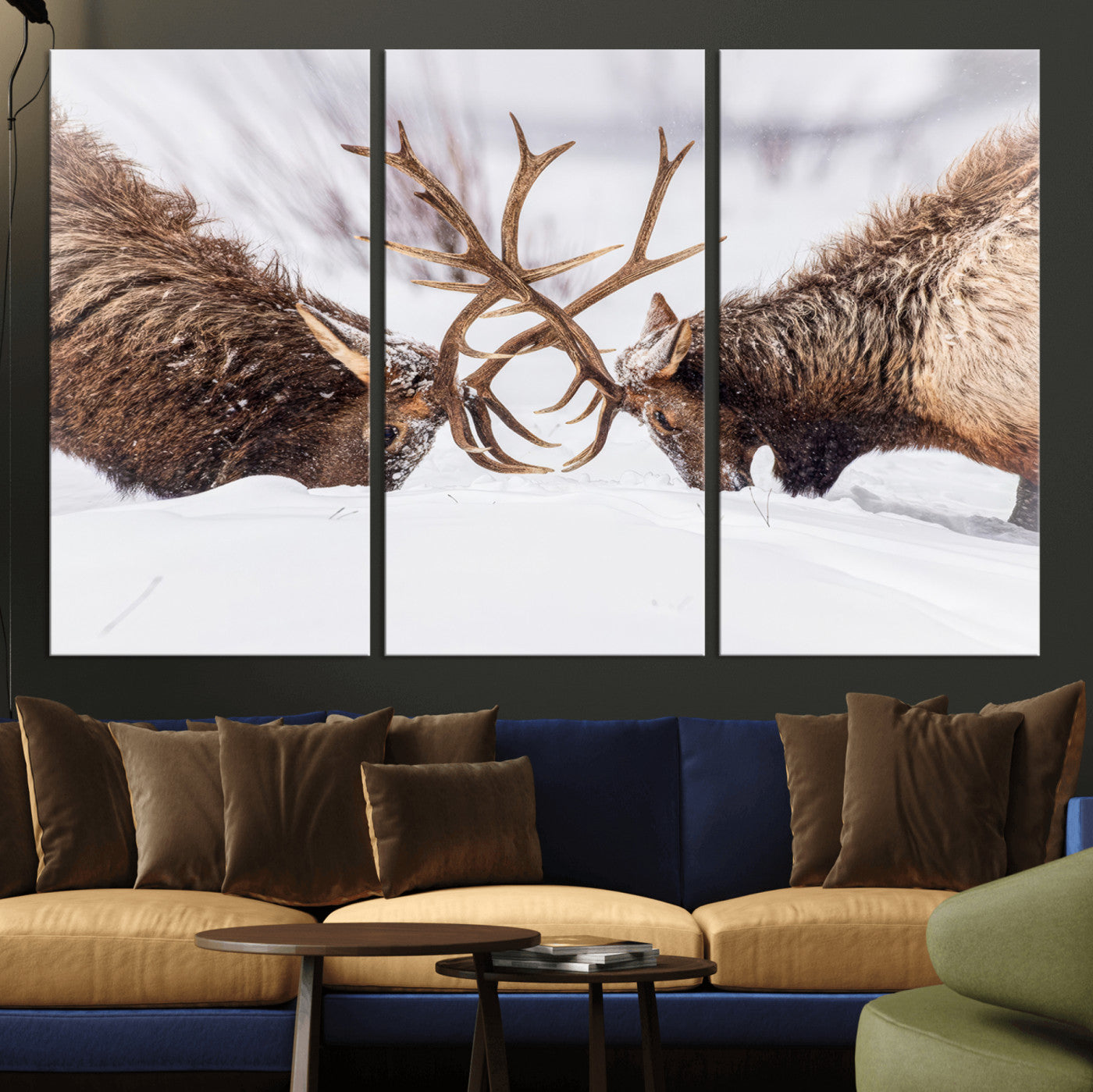 Two elk clashing antlers in a snowy forest, capturing raw power and wild energy, ideal for rustic cabin or lodge-style decor.
