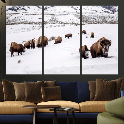 A herd of bison walking through deep snow in a mountain valley, perfect for rustic, cabin or western-themed wall decor.