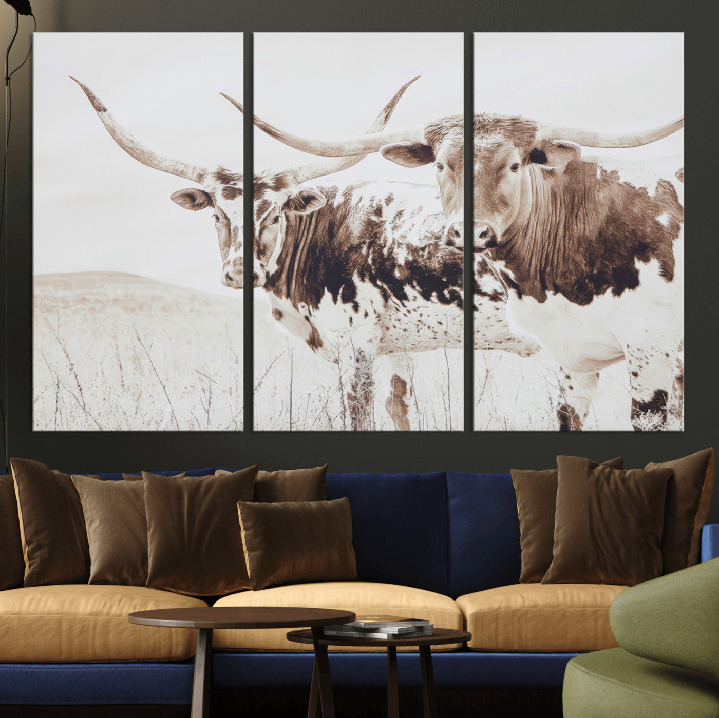 Two longhorn cows standing in a sepia-toned pasture with soft light, ideal for rustic or farmhouse-themed neutral wall decor.
