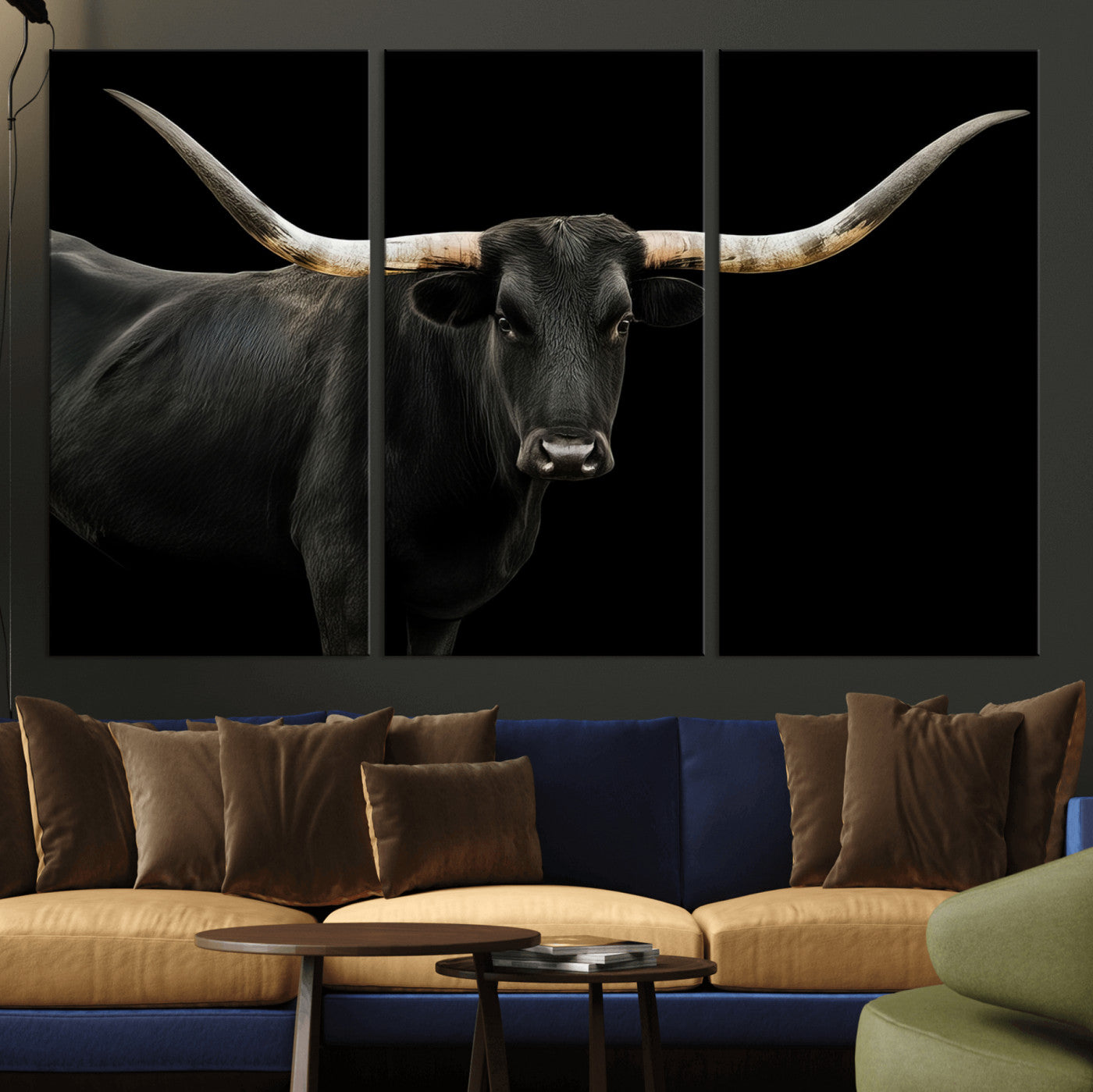 Close-up of a black Texas longhorn with large curved horns on black background, ideal for rustic farmhouse or modern western interiors.