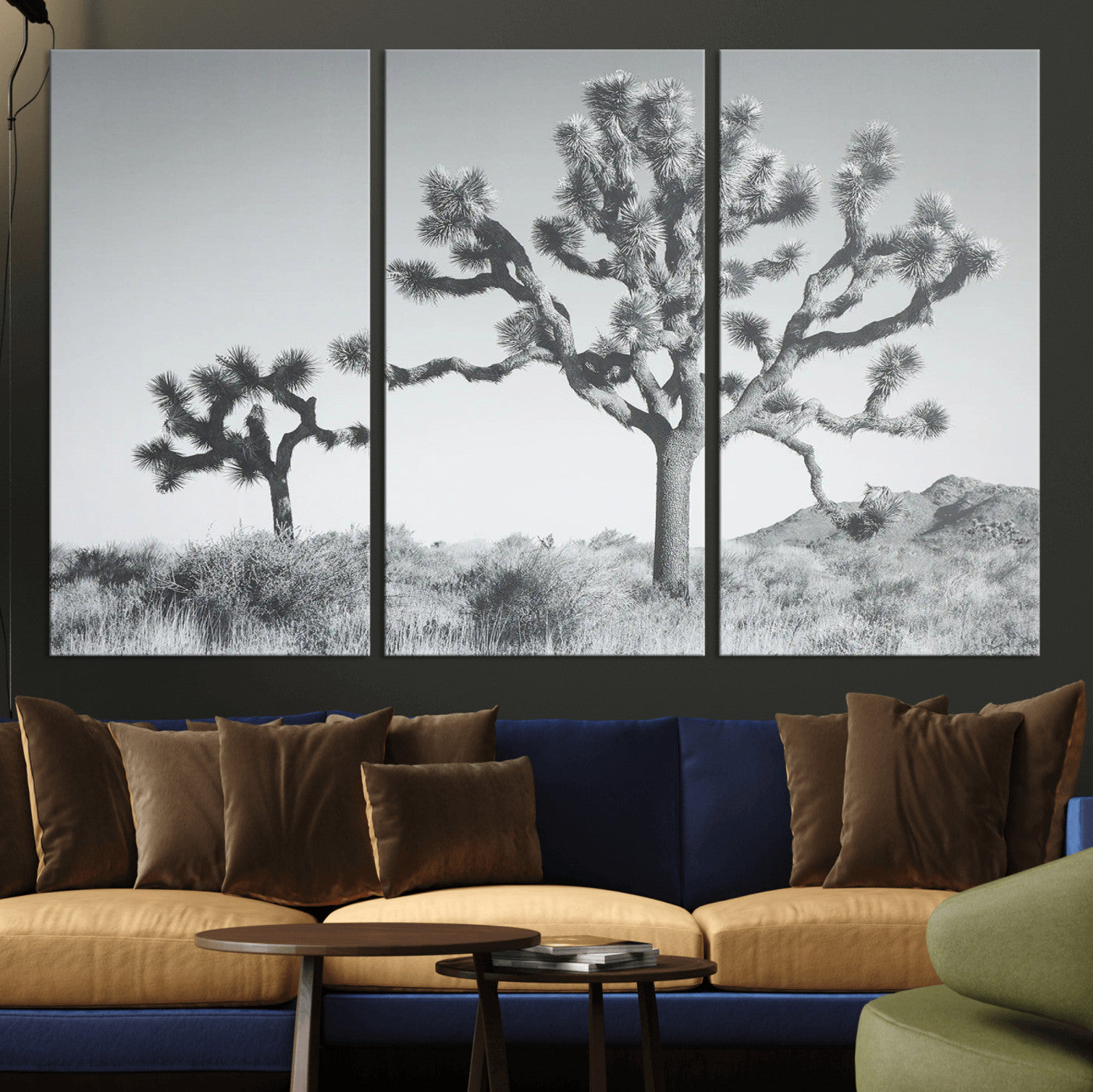 Black and white Joshua tree in a desert landscape with soft light and dry brush, perfect for rustic or minimalist home decor.