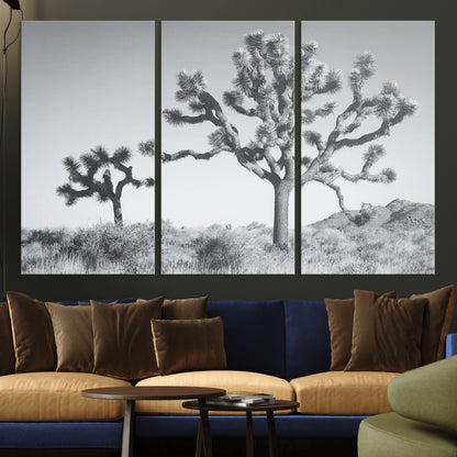 Black and white Joshua tree in a desert landscape with soft light and dry brush, perfect for rustic or minimalist home decor.