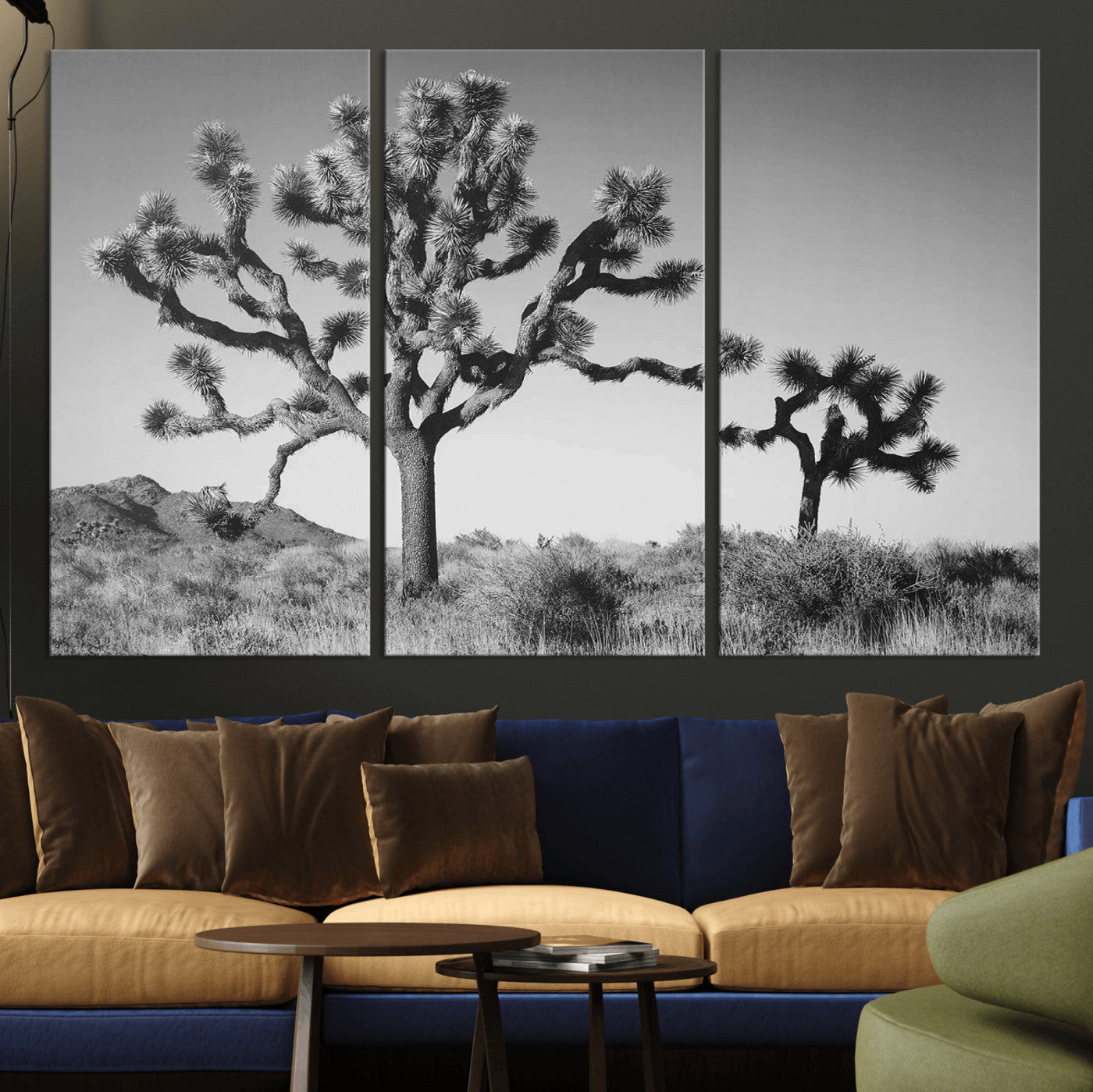 Black and white Joshua trees in a rugged desert landscape, creating a calm and minimalist feel for natural or rustic-themed interiors.
