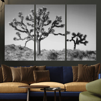 Black and white Joshua trees in a rugged desert landscape, creating a calm and minimalist feel for natural or rustic-themed interiors.