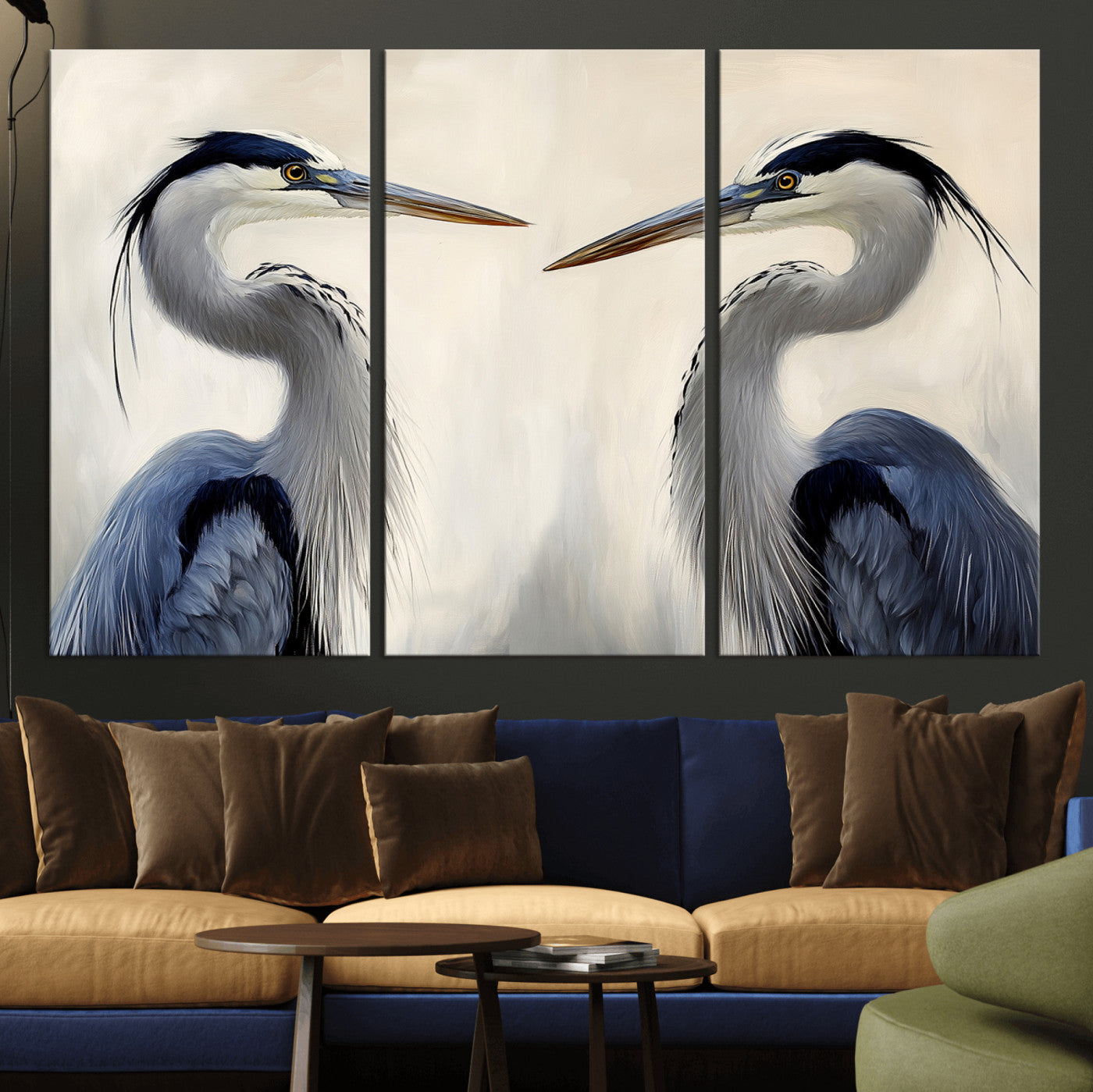 Two blue herons facing each other on a soft neutral background, ideal for coastal, tranquil, or nature-inspired minimalist interiors.
