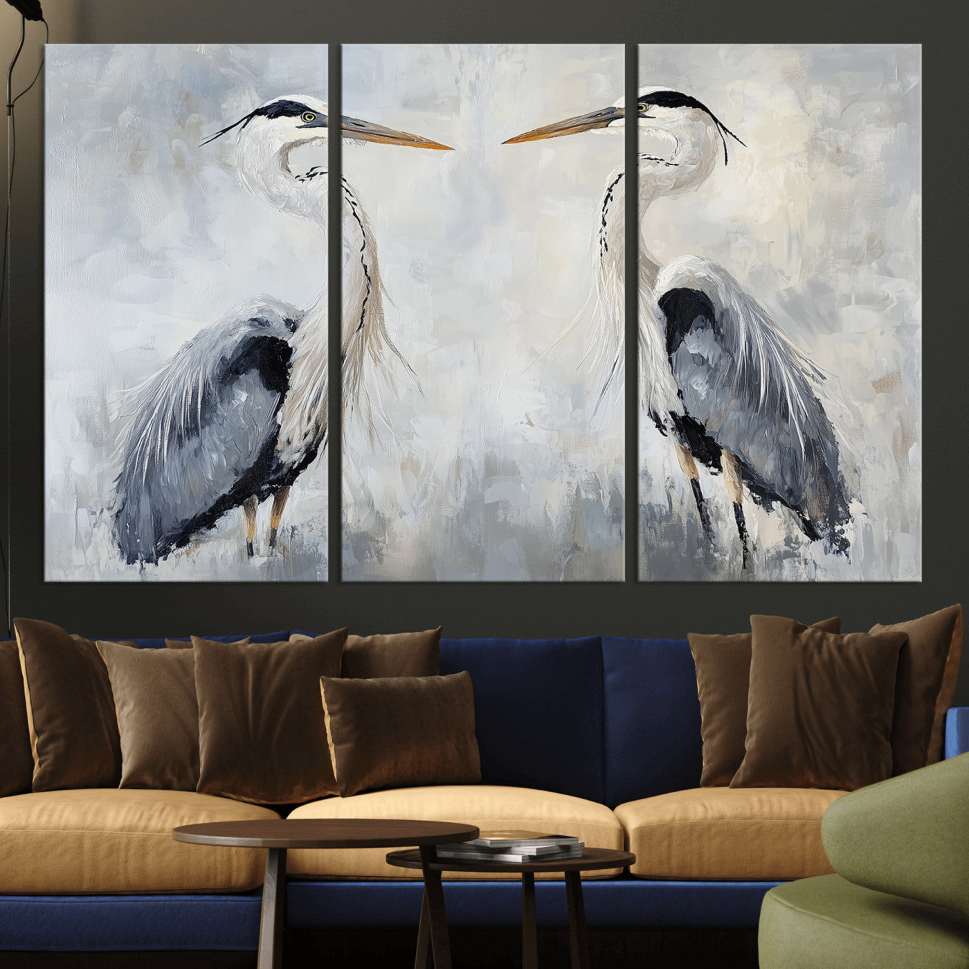 Two herons facing each other on a soft-toned background with blue-grey feathers, perfect for tranquil, coastal or nature-themed interiors.