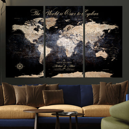 '-Customize Push Pin World Map Wall Canvas Print, Personalized Travel Tracker with Pins, Framed Large Canvas for Home Office Decor - H37