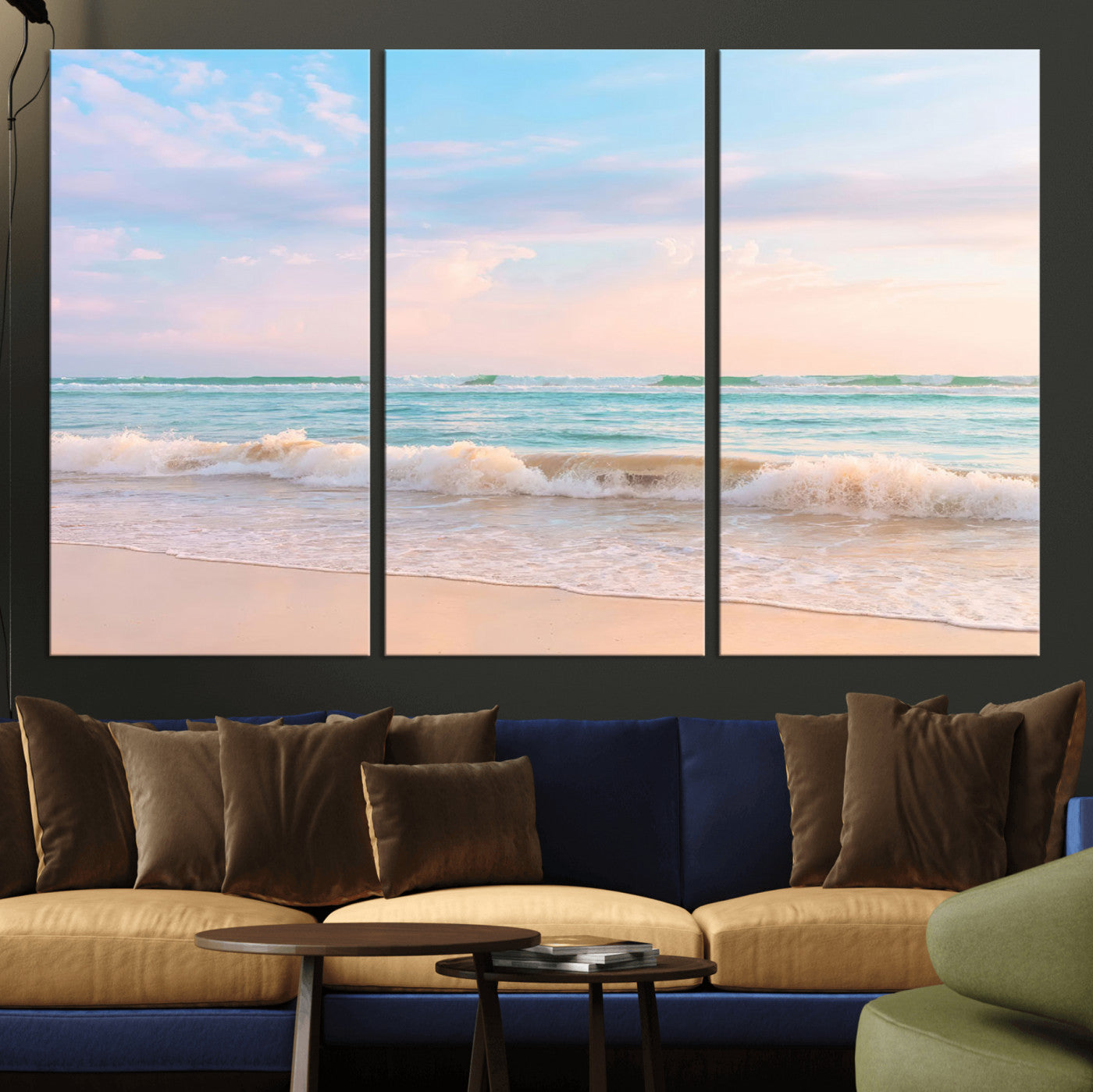 A peaceful beach scene with soft pastel skies, gentle waves washing up on the sandy shore, creating a calm and serene ocean view.