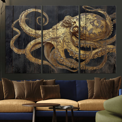 A detailed gold illustration of an octopus on black wooden planks, showing its intricate tentacles and textured skin in an artistic style.