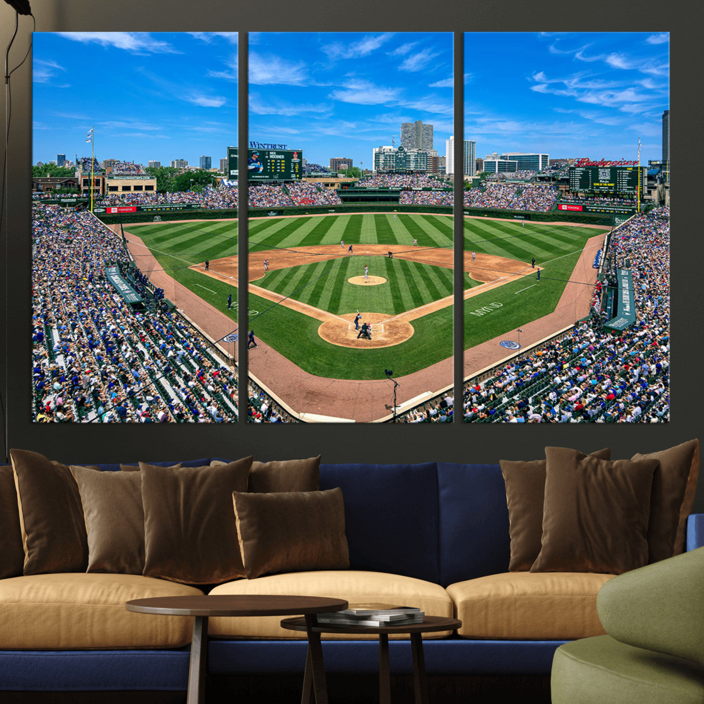 Wrigley Field Baseball Stadium Canvas Wall Art, Packed Crowd Sports Stadium Print, City Skyline Baseball Field Canvas for Game Room Decor