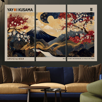 Yayoi Kusama's artwork featuring Mount Fuji, blooming cherry trees, and intricate swirls, blending traditional Japanese elements with vibrant color.