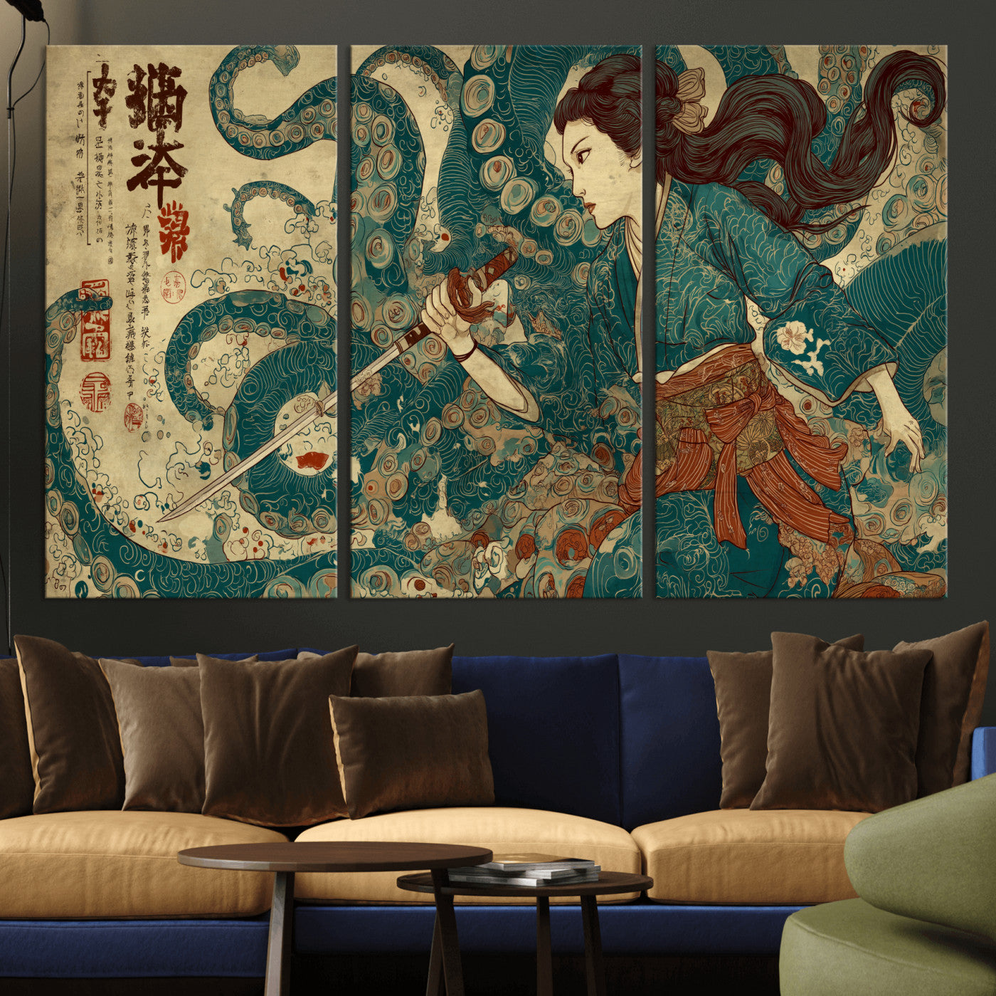 Tsukioka Yoshitoshi Samurai Wall Art Print, Japanese Katana Warrior Canvas Wall Art, Octopus Sea Monster Canvas Print,