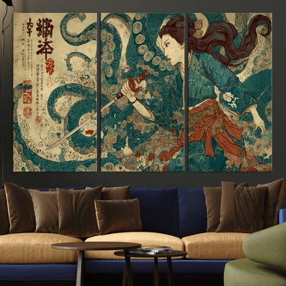 Tsukioka Yoshitoshi Samurai Wall Art Print, Japanese Katana Warrior Canvas Wall Art, Octopus Sea Monster Canvas Print,