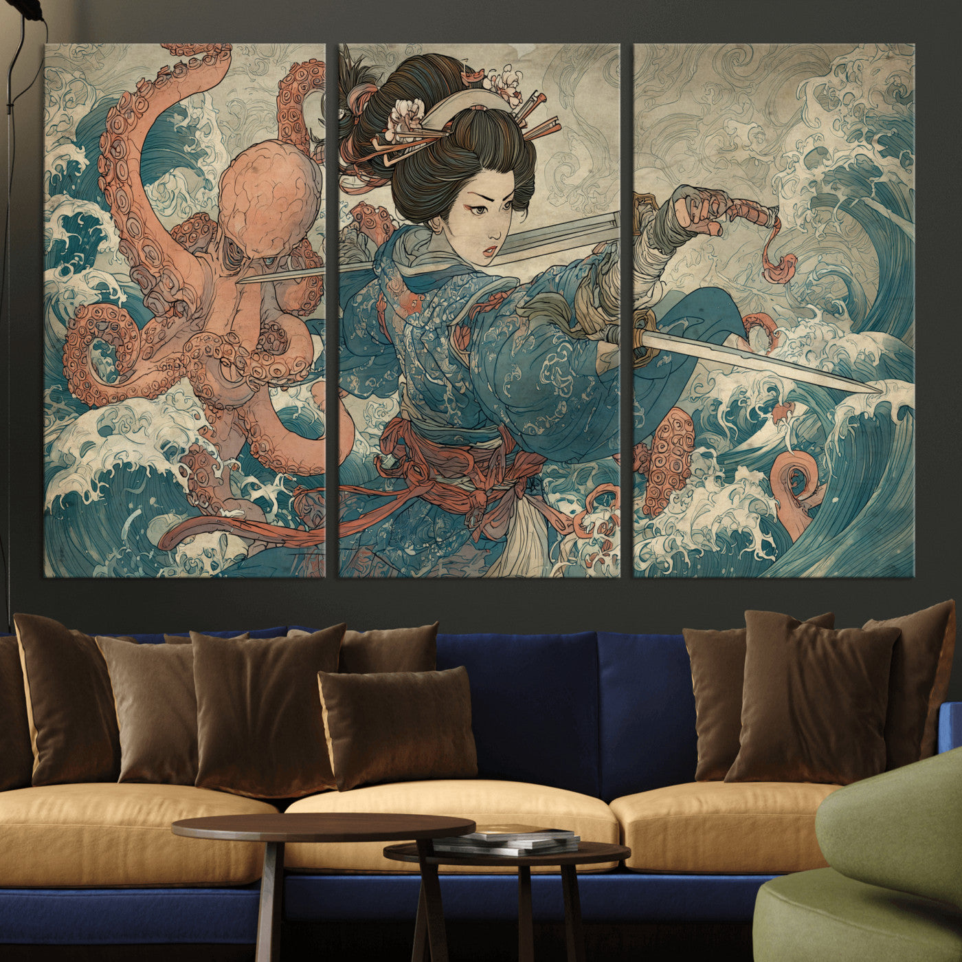 Tsukioka Yoshitoshi Samurai Wall Art Print, Japanese Katana Warrior Canvas Wall Art, Octopus Sea Monster Canvas Print,