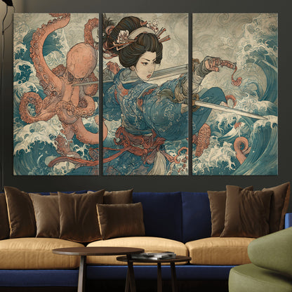 Tsukioka Yoshitoshi Samurai Wall Art Print, Japanese Katana Warrior Canvas Wall Art, Octopus Sea Monster Canvas Print,