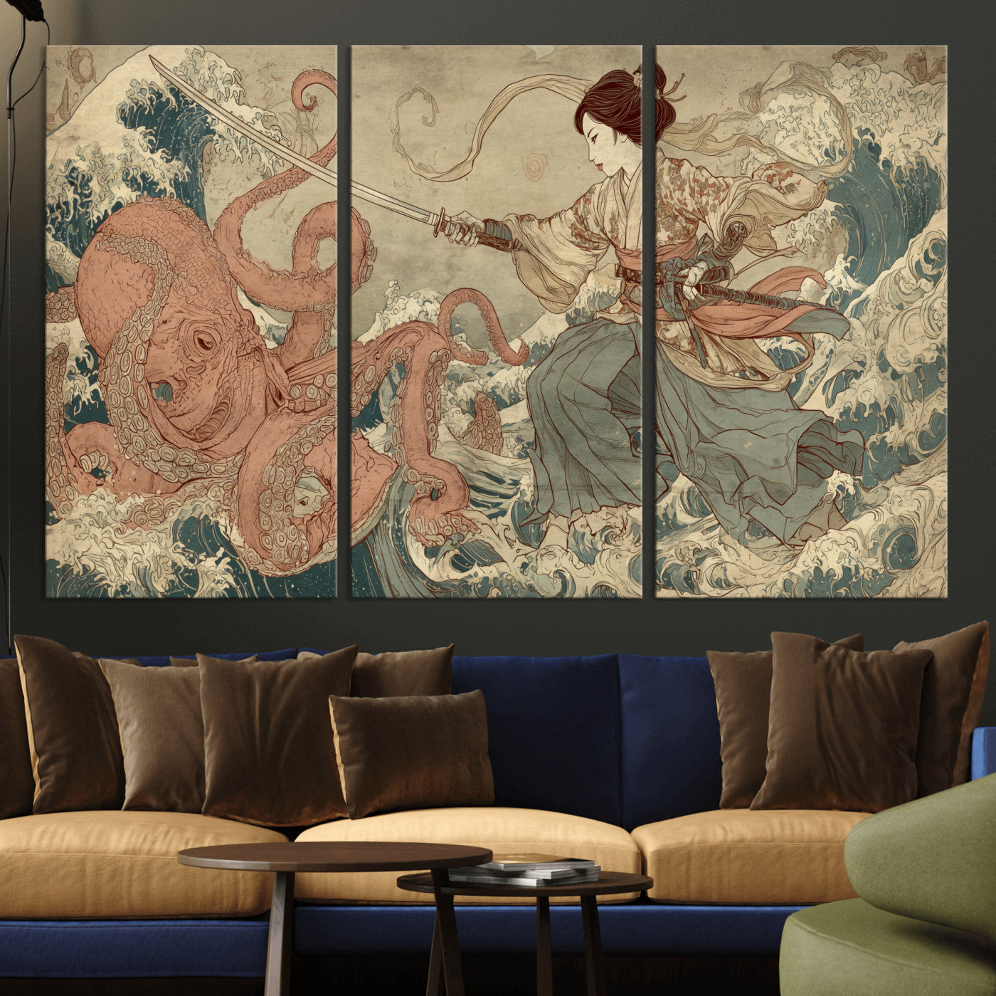 Tsukioka Yoshitoshi Samurai Wall Art Print, Japanese Katana Warrior Canvas Wall Art, Octopus Sea Monster Canvas Print,