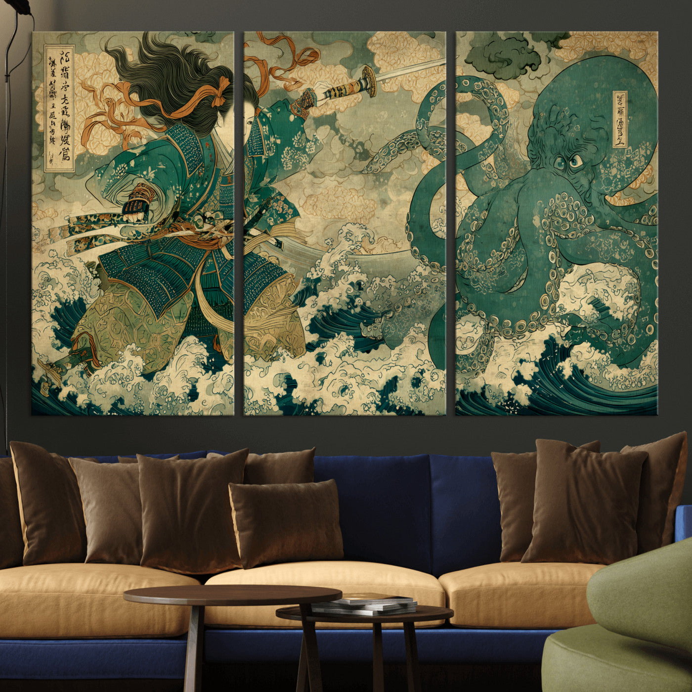 Tsukioka Yoshitoshi Samurai Wall Art Print, Japanese Katana Warrior Canvas Wall Art, Octopus Sea Monster Canvas Print,