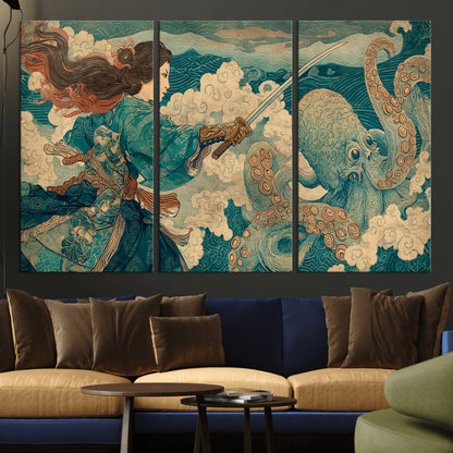 Tsukioka Yoshitoshi Samurai Wall Art Print, Japanese Katana Warrior Canvas Wall Art, Octopus Sea Monster Canvas Print,