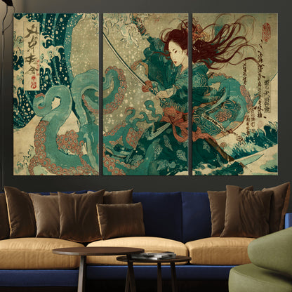 Tsukioka Yoshitoshi Samurai Wall Art Print, Japanese Katana Warrior Canvas Wall Art, Octopus Sea Monster Canvas Print,