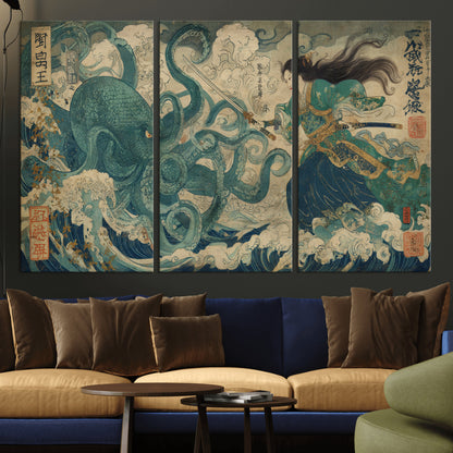 Tsukioka Yoshitoshi Samurai Wall Art Print, Japanese Katana Warrior Canvas Wall Art, Octopus Sea Monster Canvas Print,