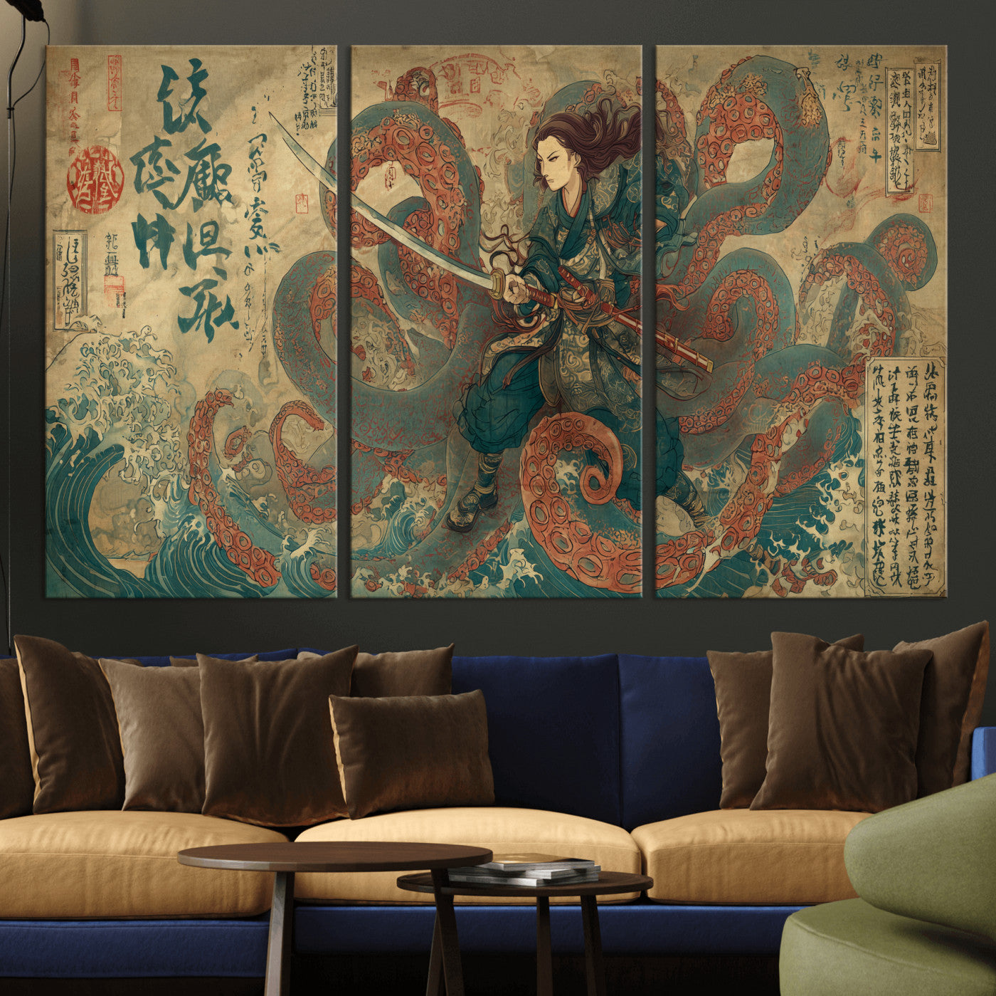 Tsukioka Yoshitoshi Samurai Wall Art Print, Japanese Katana Warrior Canvas Wall Art, Octopus Sea Monster Canvas Print,
