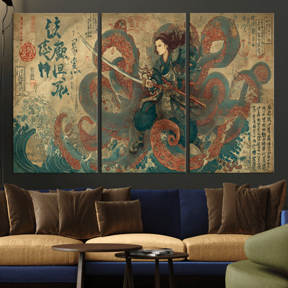 Tsukioka Yoshitoshi Samurai Wall Art Print, Japanese Katana Warrior Canvas Wall Art, Octopus Sea Monster Canvas Print,