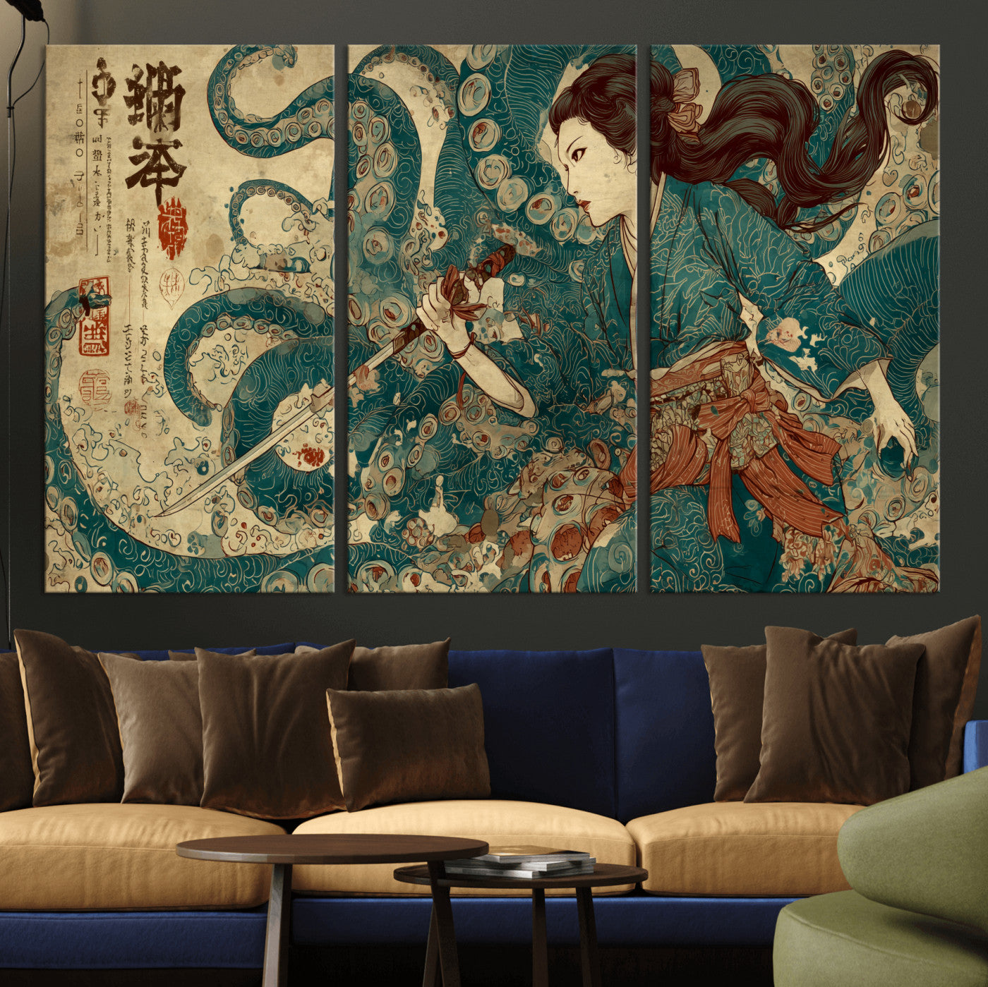 Tsukioka Yoshitoshi Samurai Wall Art Print, Japanese Katana Warrior Canvas Wall Art, Octopus Sea Monster Canvas Print,