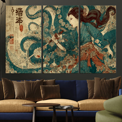 Tsukioka Yoshitoshi Samurai Wall Art Print, Japanese Katana Warrior Canvas Wall Art, Octopus Sea Monster Canvas Print,