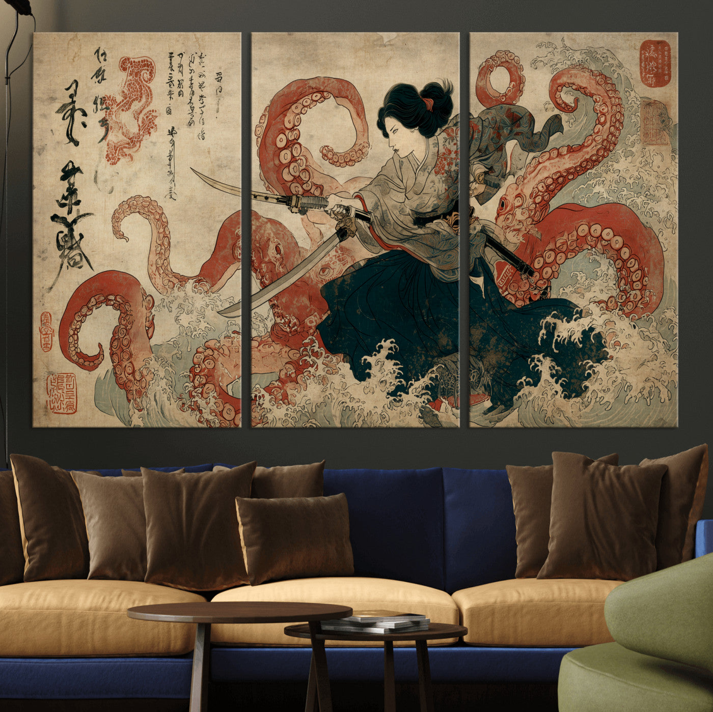 Tsukioka Yoshitoshi Samurai Wall Art Print, Japanese Katana Warrior Canvas Wall Art, Octopus Sea Monster Canvas Print,