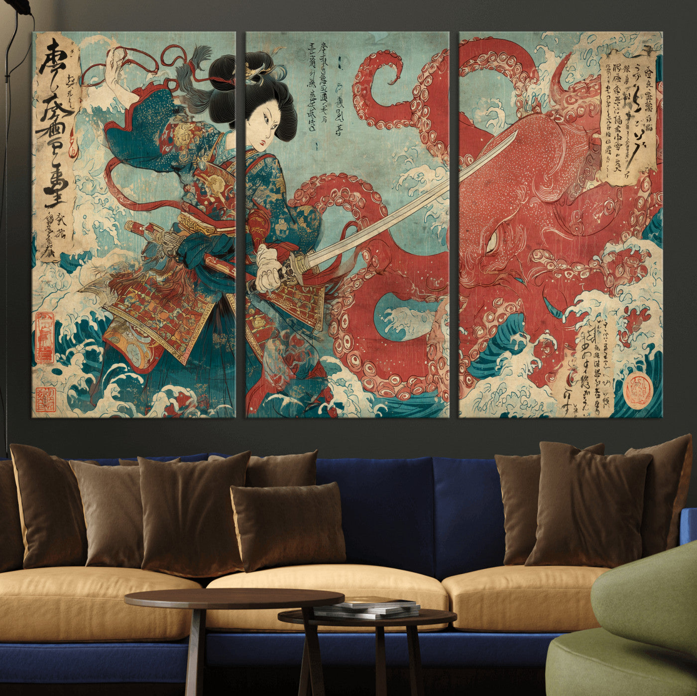 Tsukioka Yoshitoshi Samurai Wall Art Print, Japanese Katana Warrior Canvas Wall Art, Octopus Sea Monster Canvas Print,