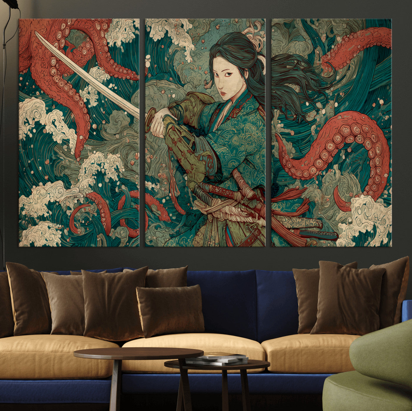 Tsukioka Yoshitoshi Samurai Wall Art Print, Japanese Katana Warrior Canvas Wall Art, Octopus Sea Monster Canvas Print,