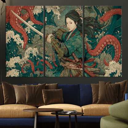 Tsukioka Yoshitoshi Samurai Wall Art Print, Japanese Katana Warrior Canvas Wall Art, Octopus Sea Monster Canvas Print,