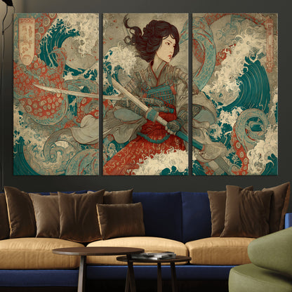 Tsukioka Yoshitoshi Samurai Wall Art Print, Japanese Katana Warrior Canvas Wall Art, Octopus Sea Monster Canvas Print,