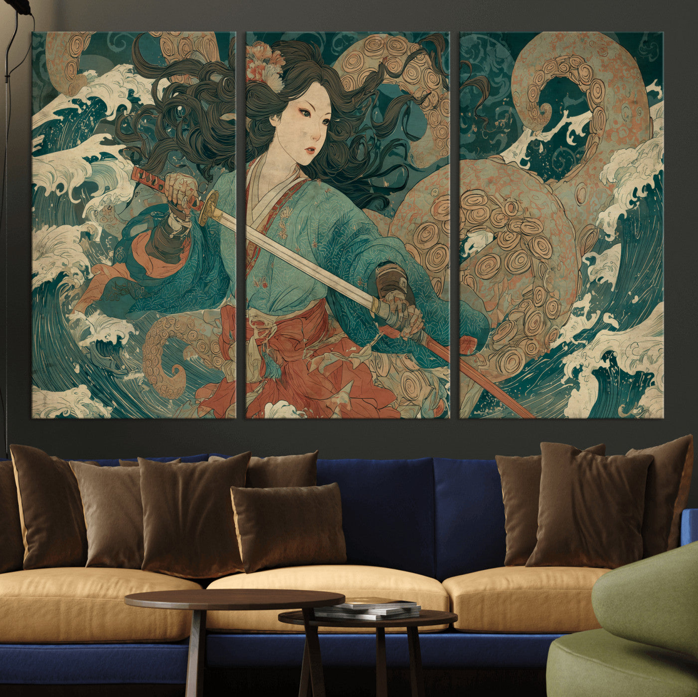 Tsukioka Yoshitoshi Samurai Wall Art Print, Japanese Katana Warrior Canvas Wall Art, Octopus Sea Monster Canvas Print,