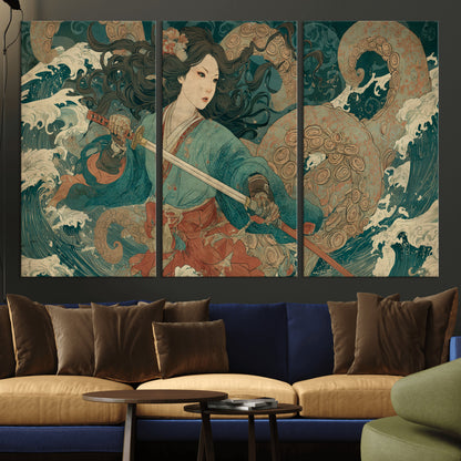 Tsukioka Yoshitoshi Samurai Wall Art Print, Japanese Katana Warrior Canvas Wall Art, Octopus Sea Monster Canvas Print,