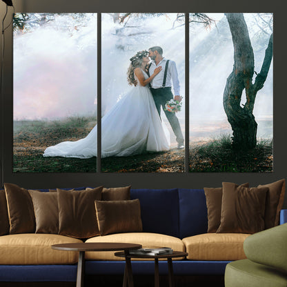 MGV-CV-48X32-3P - Forest Wedding Wall Art – Romantic Bride and Groom Canvas Print, Enchanted Woodland Photography Decor for Bedroom, Living Room, or Wedding Gift
