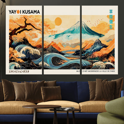 Modern Japanese-style art print featuring a stylized Mount Fuji, flowing waves, and vibrant landscapes in bold colors, inspired by traditional and contemporary aesthetics.
