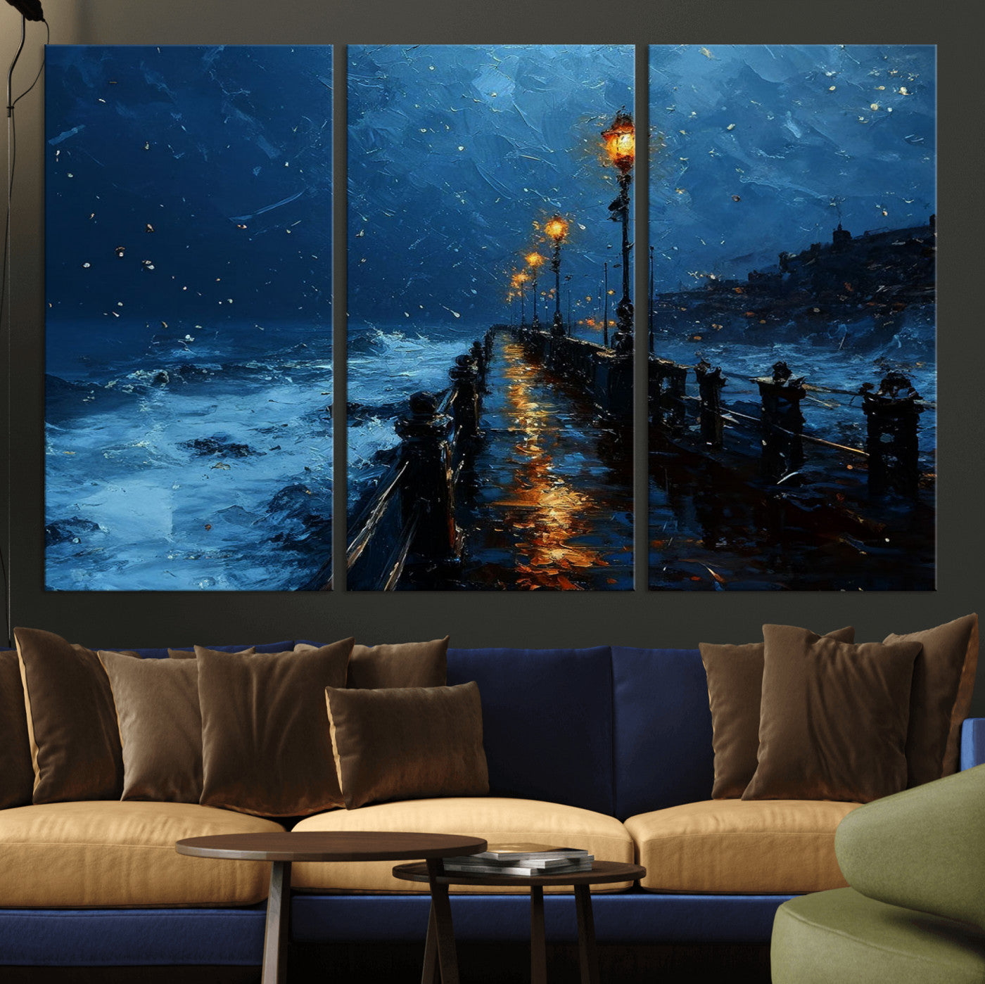"Impressionistic painting of a rainy pier at night with glowing street lamps reflecting on the wet surface, ocean waves crashing under a dark blue sky."