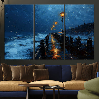 "Impressionistic painting of a rainy pier at night with glowing street lamps reflecting on the wet surface, ocean waves crashing under a dark blue sky."
