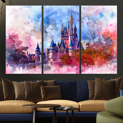 Watercolor canvas of a dreamy Disney-style castle in pastel pink and blue tones, perfect for fairytale or whimsical home decor.