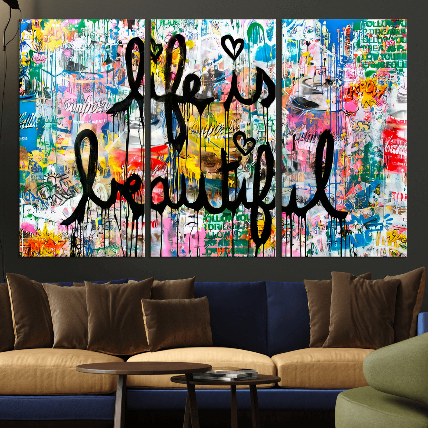 Colorful urban-style canvas with graffiti text “Life is Beautiful” in black paint, ideal for bold or street-themed home decor.