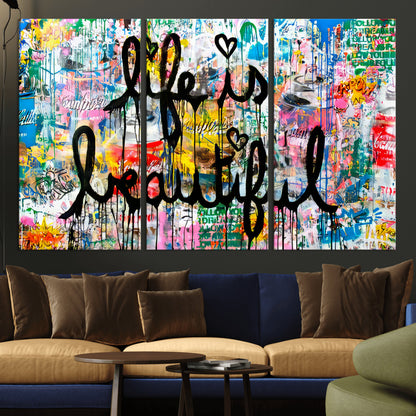 Colorful urban-style canvas with graffiti text “Life is Beautiful” in black paint, ideal for bold or street-themed home decor.