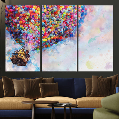 Whimsical canvas of the house from the movie Up flying with colorful balloons, ideal for Pixar or animation-themed decor.