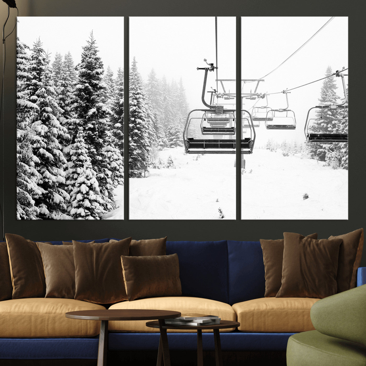 Black and white canvas of empty ski lifts over a snowy pine forest, perfect for minimal winter or ski lodge-inspired decor.