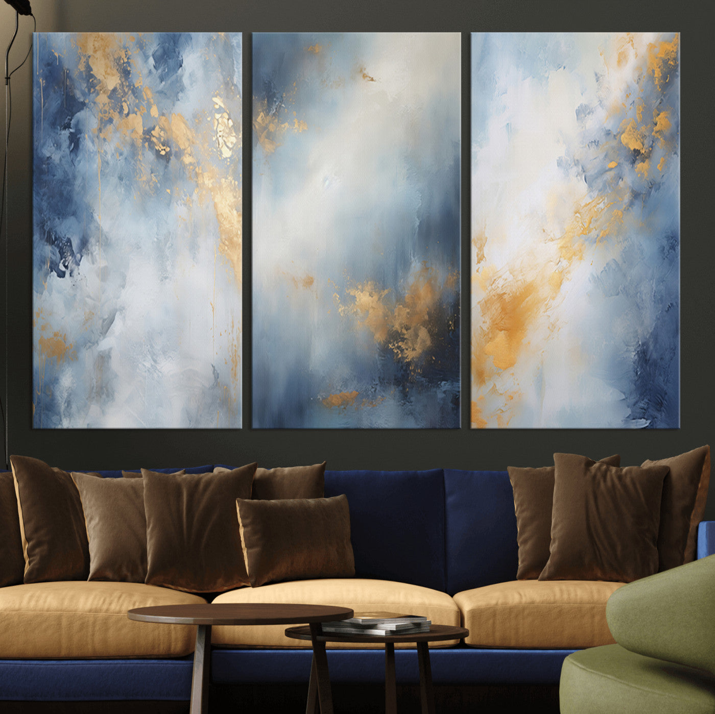 Abstract canvas art in soft blue and gold tones with textured brushstrokes, ideal for elegant or modern neutral decor spaces.