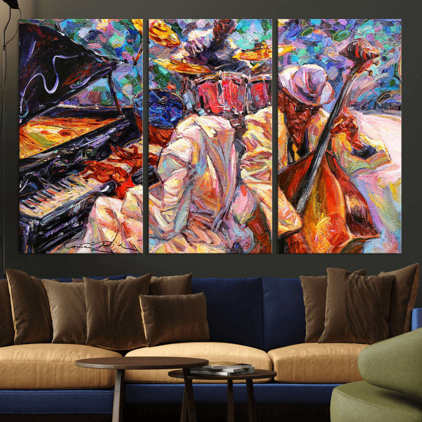 Vibrant oil painting of a jazz band with piano, saxophone, and bass, ideal for colorful and expressive music-themed home decor.