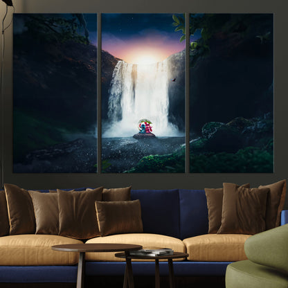 Romantic scene of Stitch and Angel sitting under a leaf in front of a glowing waterfall, ideal for tropical or fantasy-themed decor.