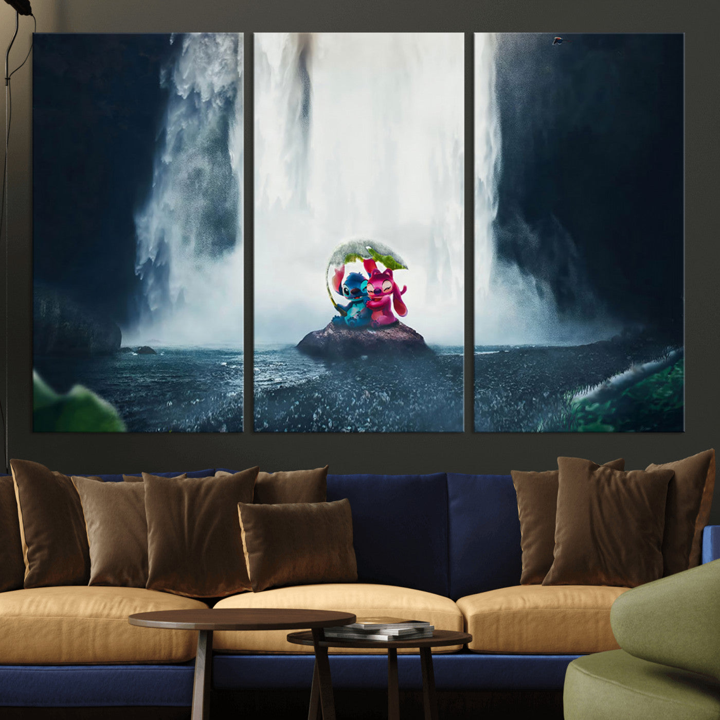 Fantasy canvas of Stitch and Angel under a leaf umbrella in front of a dramatic waterfall, perfect for moody jungle-themed or animated decor.
