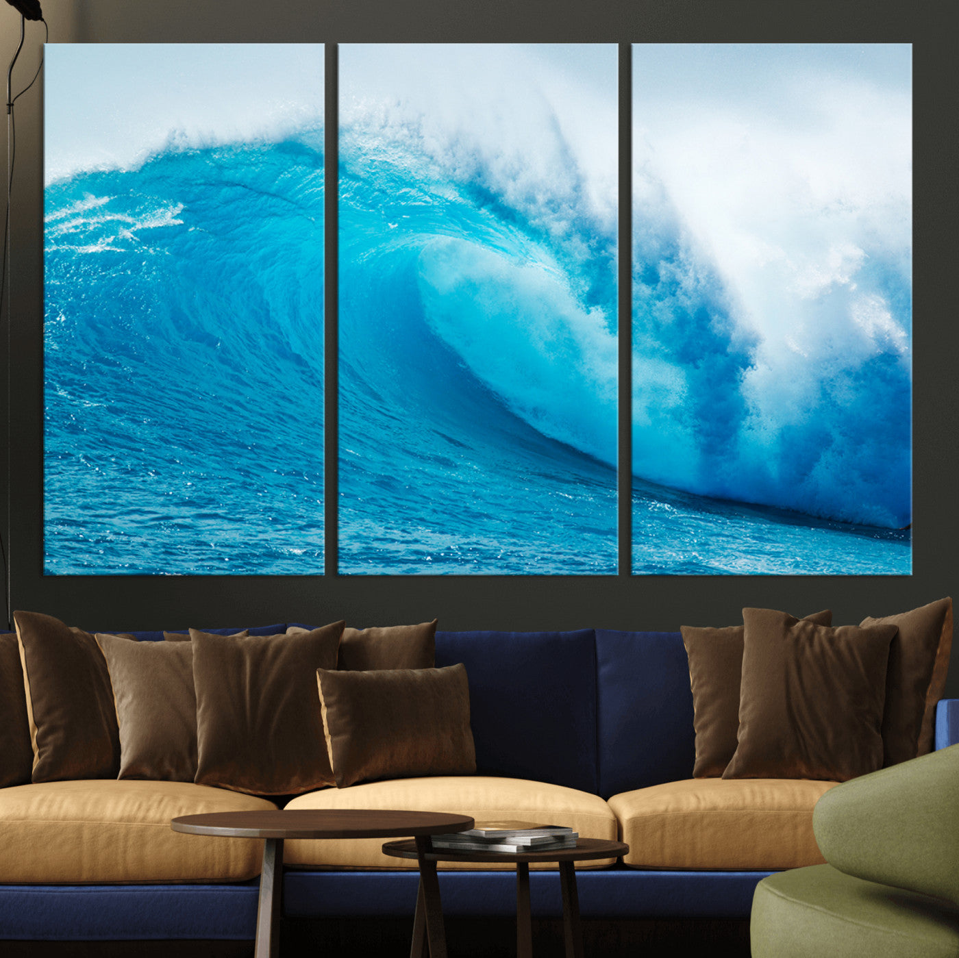 Vibrant canvas of a powerful curling ocean wave in tropical blue tones, perfect for coastal or surf-inspired decor settings.