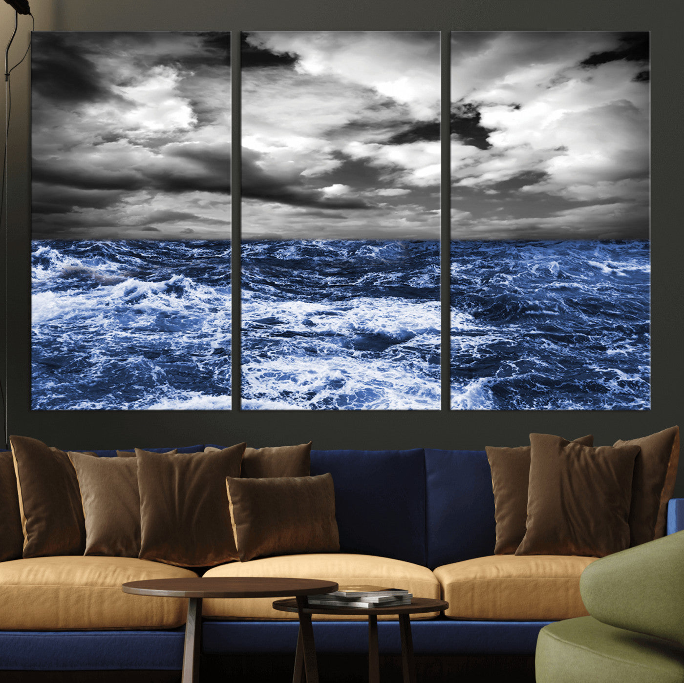 Moody canvas wall art of a stormy ocean under a dramatic black-and-white sky, perfect for bold or coastal-style interiors.